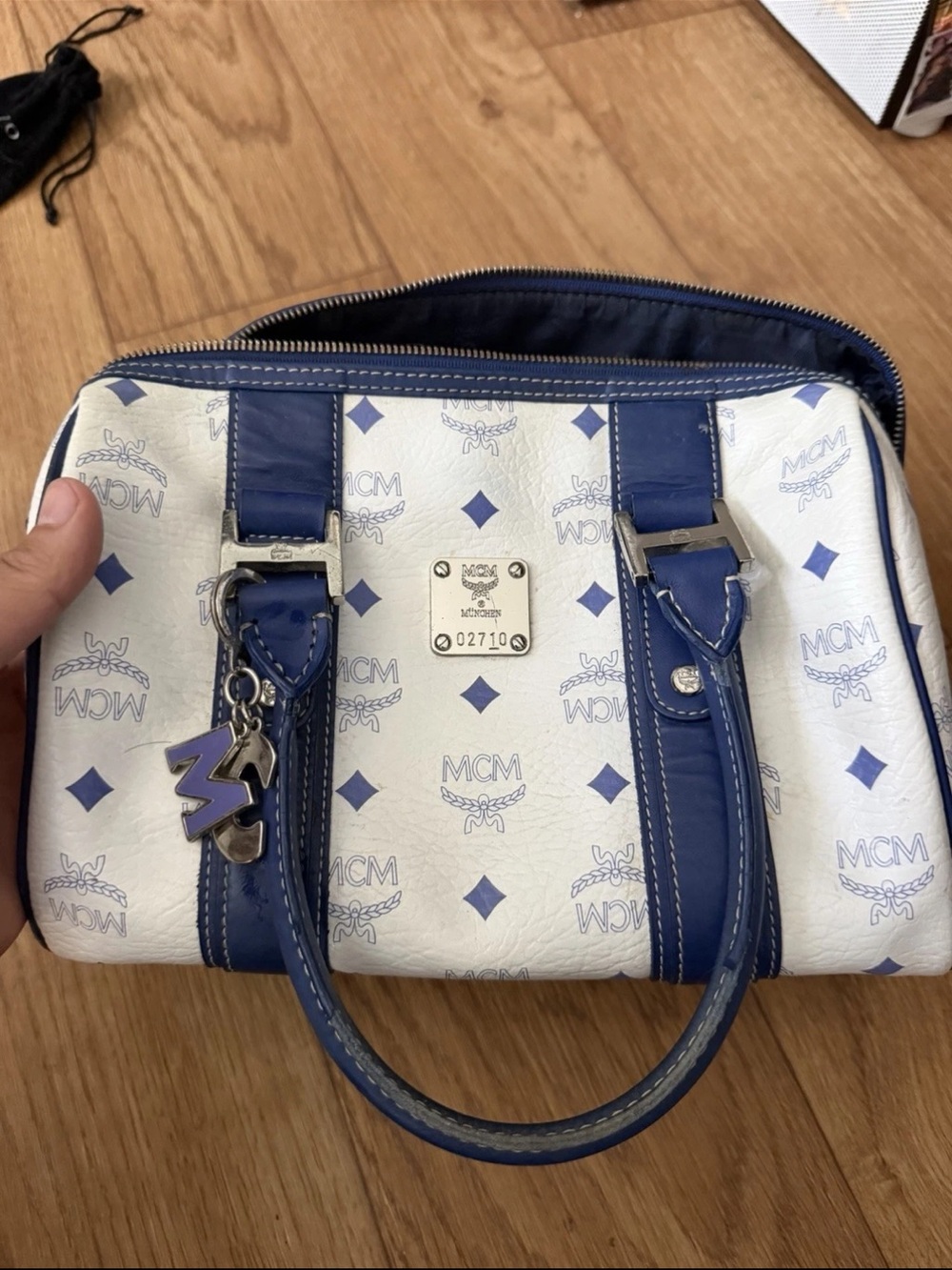 MCM White & Blue Logo Leather Satchel with Charm